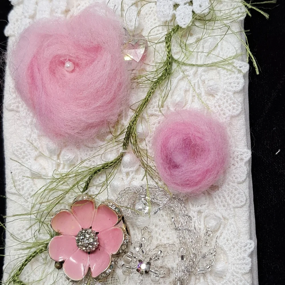 Whispers in Pink Hand-Embellished Lace Fiber Wall Art · OOAK · 11” x 3.5”
